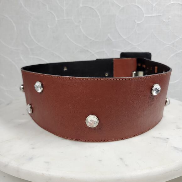 Vintage Yves Saint Laurent Wide Belt S Brown Leather‎ Buckle Rhinestone Rivets main image 7
